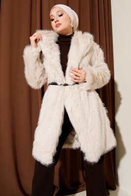 Geniş Yaka Kürklü Uzun Mont Bej 