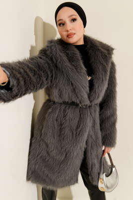 Geniş Yaka Kürklü Uzun Mont Füme - Mont
