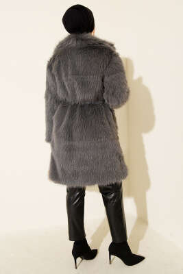 Geniş Yaka Kürklü Uzun Mont Füme - Mont