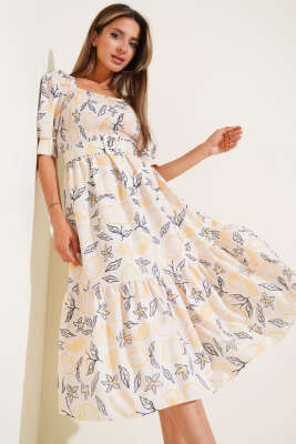 Gipeli Mini Çiçekli Kemerli Midi Elbise Bej Siyah - Kadın Giyim Modelleri