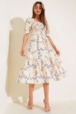 Gipeli Mini Çiçekli Kemerli Midi Elbise Bej Siyah - Kadın Giyim Modelleri