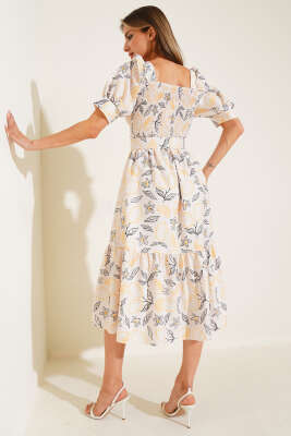 Gipeli Mini Çiçekli Kemerli Midi Elbise Bej Siyah - Kadın Giyim Modelleri