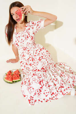 Gipeli Mini Çiçekli Kemerli Midi Elbise Bordo 