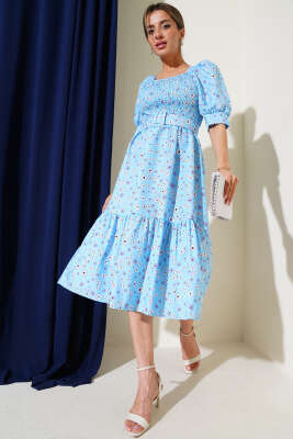 Gipeli Mini Çiçekli Kemerli Midi Elbise Mavi 