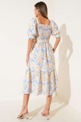 Gipeli Mini Çiçekli Kemerli Midi Elbise Sarı Mavi - Kadın Giyim Modelleri