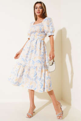 Gipeli Mini Çiçekli Kemerli Midi Elbise Sarı Mavi - Kadın Giyim Modelleri