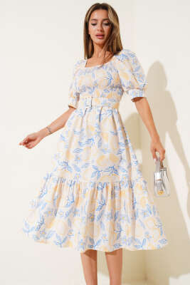 Gipeli Mini Çiçekli Kemerli Midi Elbise Sarı Mavi 
