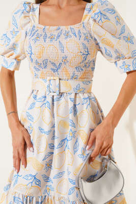 Gipeli Mini Çiçekli Kemerli Midi Elbise Sarı Mavi - Kadın Giyim Modelleri