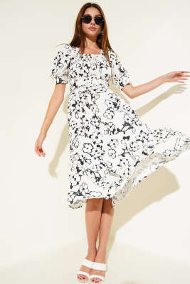 Gipeli Mini Çiçekli Kemerli Midi Elbise Siyah Ekru 