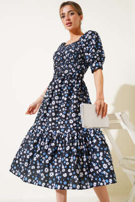 Gipeli Mini Çiçekli Kemerli Midi Elbise Siyah 