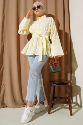 Gizli Düğmeli Bel Kuşaklı Gömlek Sarı - ELİVA