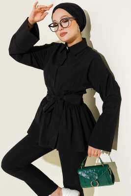 Gizli Düğmeli Bel Kuşaklı Gömlek Siyah - ELİVA