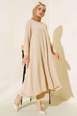 Gizli Düğmeli Salaş İkili Takım Bej