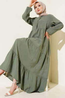 Gizli Yarım Düğmeli Kat Kat Elbise Haki 