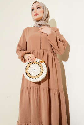 Gizli Yarım Düğmeli Kat Kat Elbise Latte - Elbise