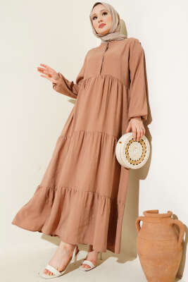 Gizli Yarım Düğmeli Kat Kat Elbise Latte - Elbise