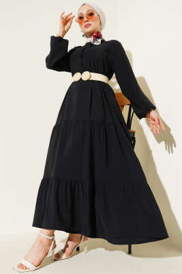 Gizli Yarım Düğmeli Kat Kat Elbise Siyah 