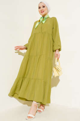 Gizli Yarım Düğmeli Kat Kat Elbise Yağ Yeşili 