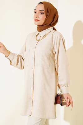 Göğsü Çift Cepli Salaş Gömlek Bej 