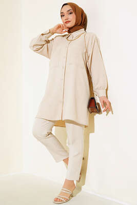 Göğsü Çift Cepli Salaş Gömlek Bej - Gömlek