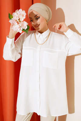 Göğsü Çift Cepli Salaş Gömlek Ekru 