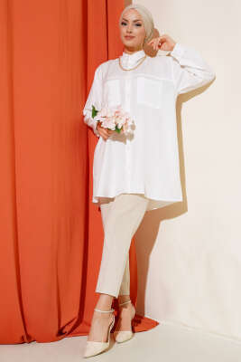 Göğsü Çift Cepli Salaş Gömlek Ekru - Gömlek