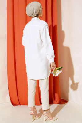 Göğsü Çift Cepli Salaş Gömlek Ekru - Gömlek