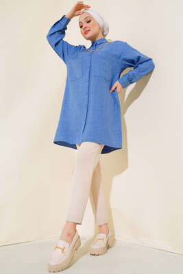 Göğsü Çift Cepli Salaş Gömlek İndigo - Gömlek