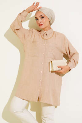 Göğsü Çift Cepli Salaş Gömlek Krem 