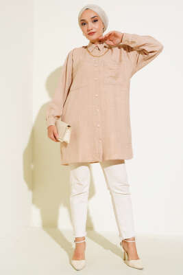 Göğsü Çift Cepli Salaş Gömlek Krem - Gömlek