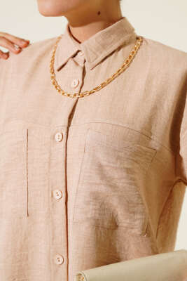 Göğsü Çift Cepli Salaş Gömlek Krem - Gömlek