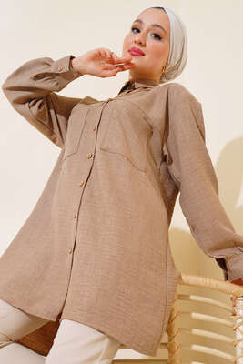 Göğsü Çift Cepli Salaş Gömlek Latte - Gömlek