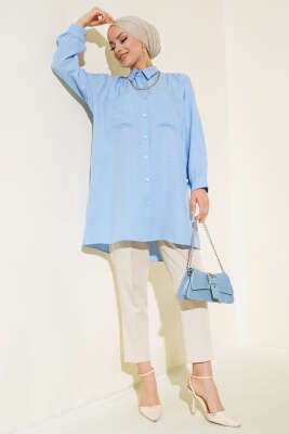 Göğsü Çift Cepli Salaş Gömlek Mavi - Gömlek