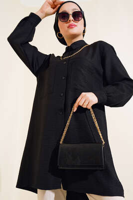 Göğsü Çift Cepli Salaş Gömlek Siyah 