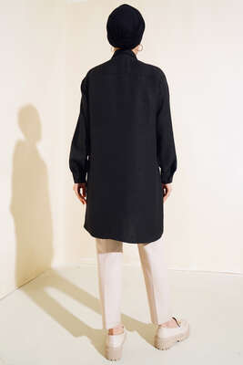 Göğsü Çift Cepli Salaş Gömlek Siyah - Yılın Fırsatı