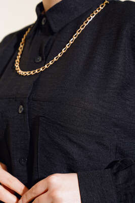 Göğsü Çift Cepli Salaş Gömlek Siyah - Yılın Fırsatı