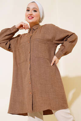 Göğsü Çift Cepli Salaş Gömlek Vizon 