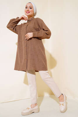 Göğsü Çift Cepli Salaş Gömlek Vizon - Gömlek