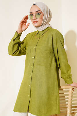 Göğsü Çift Cepli Salaş Gömlek Yağ Yeşili 