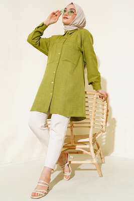 Göğsü Çift Cepli Salaş Gömlek Yağ Yeşili - Gömlek