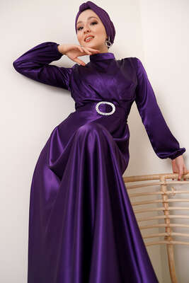Göğsü Katlı Kemerli Mor Saten Elbise