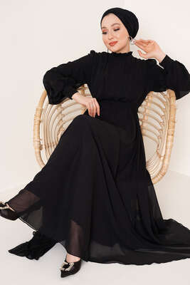 Göğsü Piliseli Şifon Elbise Siyah