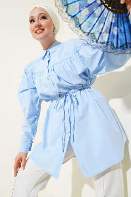 Göğüs Büzgülü Bel Tünelli Gömlek Bebe Mavi 