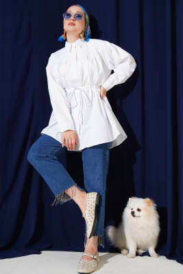 Göğüs Büzgülü Bel Tünelli Gömlek Beyaz 