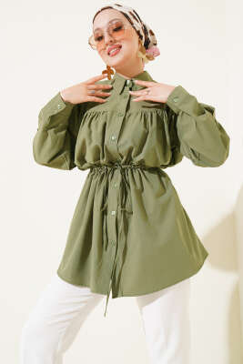 Göğüs Büzgülü Bel Tünelli Gömlek Çağla Yeşili - Gömlek