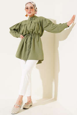 Göğüs Büzgülü Bel Tünelli Gömlek Çağla Yeşili - Gömlek