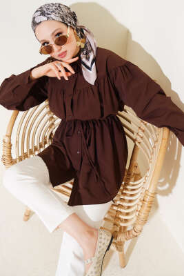 Göğüs Büzgülü Bel Tünelli Gömlek Kahve 