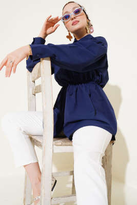 Göğüs Büzgülü Bel Tünelli Gömlek Lacivert 