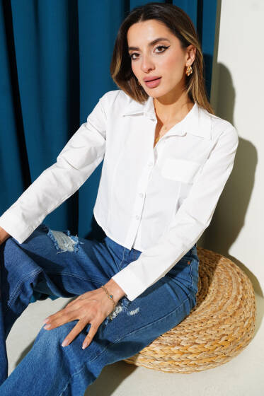 Göğüs Cep Kapaklı Kısa Gömlek Beyaz - Kadın Giyim Modelleri