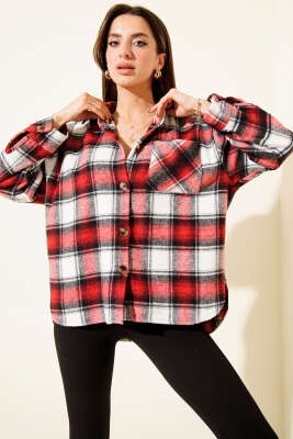 Göğüs Cepli Ekoseli Oduncu Gömlek Bordo - Kadın Giyim Modelleri